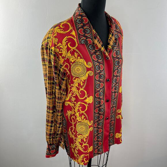 VINTAGE BrownStone Multi Blouse Top Chain Printed Notch Lapel Button Front 14W - Picture 4 of 6